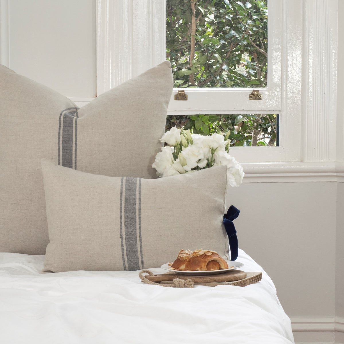 Linen Cushion with Navy/Sage/White Velvet Bow