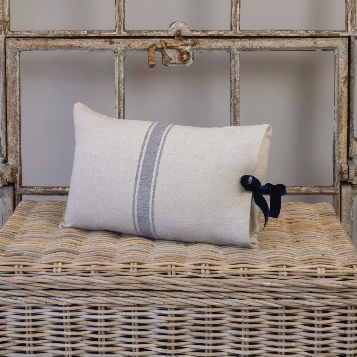 Linen Cushion with Navy/Sage/White Velvet Bow