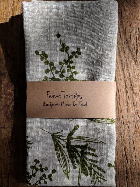 Tea Towel Linen Green Wattle design