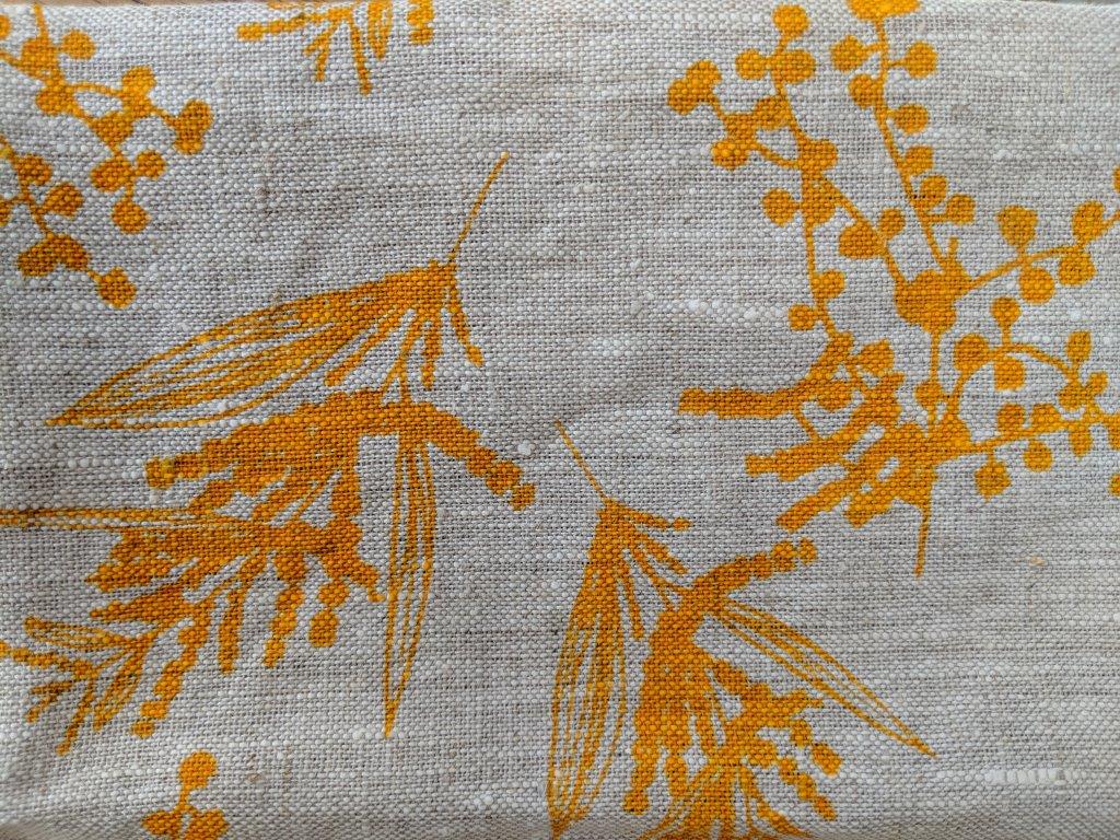 hand printed linen tea towel yellow wattle design close up